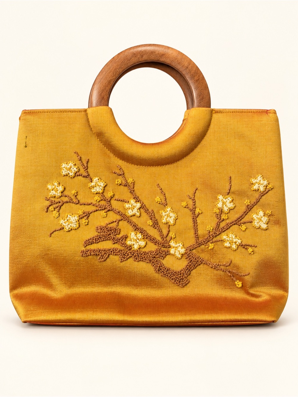 Vintage 100% silk embroidered purse, made in Vietnam, with wooden ring handles